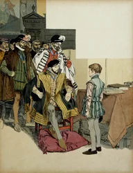 Ranskan kuningas Henri II (1519-1559) herrasmiestensä ympäröimänä haluaa kysellä Henrik IV:tä (1553-1610) lapsena hänen roolistaan. Hermann Vogelin (1856-1918) kuvitus teoksessa "" Henri IV""