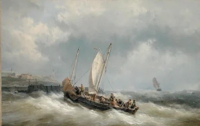 Lugger saapuu satamaan myrskyssä (öljy kankaalle)