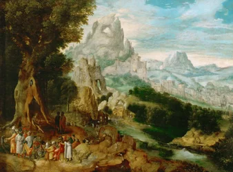 Paysage avec Saint Jean Baptiste prechant - Maisema, jossa Pyhä Johannes Kastaja saarnaa, kirjoittanut Herri met de Bles (Henri Bles) (1510-1550). Öljy puulle, n. 1535-1540. Mitat: 29 x 39 cm. Taidehistoriallinen museo, Vienne
