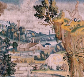 Flanderin kuvakudos. Sarja Neljä kuvakudosta Hieronymus Boschin mukaan. Pyhä Antonius rukouksessa (San Antonio en oración). Sarjan toinen kuvakudos. Hieronymus Boschin työn inspiroima malli. Valmistus Tuntematon työpaja, Bryssel. Ennen vuotta 1560. Kangas 