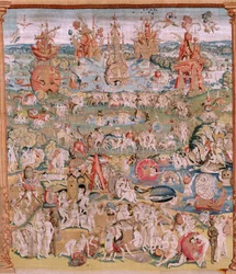 Flanderin kuvakudos. Sarja Neljä kuvakudosta Hieronymus Boschin mukaan. Maallisten ilojen puutarha (Jardín de las Delicias). Sarjan neljäs kuvakudos. Hieronymus Boschin työn inspiroima malli. Valmistus Tuntematon työpaja, Bryssel. Ennen vuotta 1560. Fa