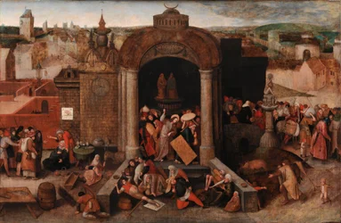 Kristus ajaa kauppiaat ulos temppelistä, noin 1570-5 (öljy paneelille).