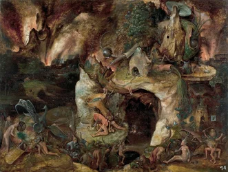 ""Alamaailman maisema"" (Inferno Landscape) Maalaus Jerome Boschin koulusta n. 1561 Koko 49x64 cm Museo del Prado, Madrid