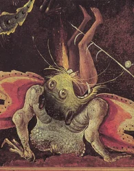 Viimeinen tuomio, yksityiskohta miehestä, jonka hirviö söi, n. 1504 (öljy paneelille)