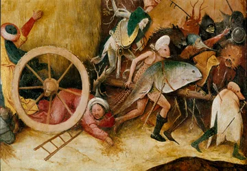 Heinävaunu eli heinätriptyykki (heinäkärry): keskuspaneelin yksityiskohta. Hirviöhahmoja, ihmismäisiä hahmoja ja mies murskautuu pyörän alle. Hieronymus van Aeken (Aken), jota kutsutaan nimellä Hieronymus Bosch (1450-1516)