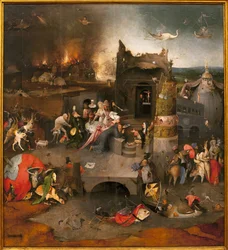 Kiusausten triptyykki - keskiosa: Pyhän Antonius Suuren kiusaus (tai pyhän erakko Antoniuksen tai pyhän apotti Antoniuksen). Hieronymus Van Aekenin (Aken), jota kutsutaan Hieronymus Boschiksi (1450-1516), maalaus, n. 1500