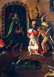 Viimeisen tuomion tryptic, oikea paneeli. Helvetti puoliksi ihmis-, puoliksi eläinhirviöillä. Yksityiskohta (maalaus puulle, n. 1504)