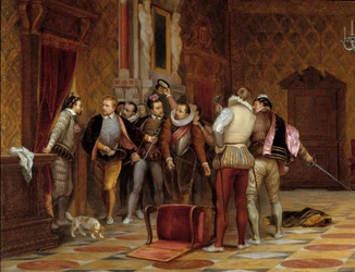 Henrik III (1574-1589) Guisen herttuan murhaajien kanssa (Henrik I Lothringenilainen, Guisen herttua, lisänimeltään Arpinaama)