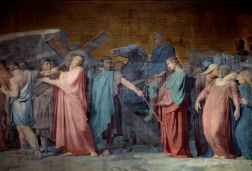 Kristus kantamassa ristiään Yksityiskohta Hyppolithe Flandrinin (1800-1864) freskosta 1800-luvun Saint Germain des Presin kirkko, Pariisi