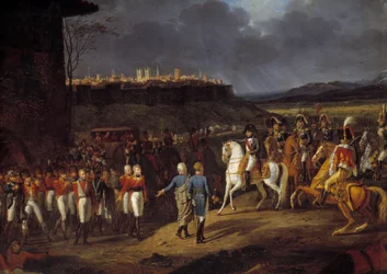 Espanjan kampanja: "" Keisari Napoleon I esiteltiin Astorgassa, Espanjassa, englantilaisia vankeja ja käski heitä kohdella erityisen huolellisesti, tammikuu 1809" Yksityiskohta. Hippolyte Lecomten (1781-1857) maalaus 1810 su. 1,13x1,52 m
