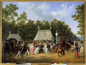 Kuningas Ludvig XVIII (1755-1824) vastaanottaa Marie Caroline Fernande Louisen Napolin, tulevan Berryn herttuattaren, Fontainebleaun metsässä Saint-Heremin ristillä