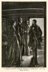 "Olen pahoillani, ettei minulla ole sinulle parempaa tarjottavana", sanoi herra Fogg Fixille, Jules Vernen (1828-1905) teoksesta Maailman ympäri kahdeksankymmenessä päivässä, Henri-Théophile Hildebrandin (1824-97) kaiverruksesta.