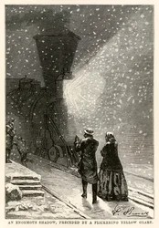 Valtava varjo, jota edelsi välkkyvä keltainen hohde, Jules Vernen (1828-1905) teoksesta Maailman ympäri 80 päivässä, kaivertanut Adolphe François Pannemaker (1822-1900), 1873