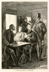 Minun pitäisi soittaa timanttia, Jules Vernen (1828-1905) teoksesta Maailman ympäri kahdeksassakymmenessä päivässä, jonka on kaiverruttanut Adolphe François Pannemaker (1822-1900), 1873.