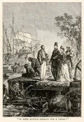 Etsittekö laivaa?, Jules Vernen (1828-1905) teoksesta Maailman ympäri kahdeksassakymmenessä päivässä, kaiverrettu Louis Prevostin toimesta, 1873.