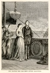 Hän osoitti hänelle mitä vilkkainta kiitollisuutta, Jules Vernen (1828-1905) teoksesta Maailman ympäri kahdeksassakymmenessä päivässä, Henri-Théophile Hildebrandin (1824-97) kaiverrus, 1873.