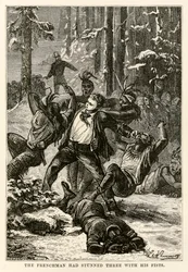 Ranskalainen oli tainnuttanut kolme nyrkkeillään Jules Vernen (1828-1905) Maailman ympäri kahdeksassakymmenessä päivässä -kuvasta Henri-Théophile Hildebrandin (1824-97), 1873.