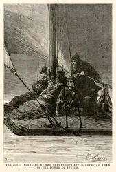 Kylmyys, jota valtava vauhti lisäsi, vei heiltä puhekyvyn, Jules Vernen (1828-1905) teoksesta Maailman ympäri kahdeksassakymmenessä päivässä, jonka on kaiverruttanut Adolphe François Pannemaker (1822-1900),