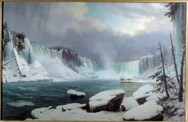 Suuri Niagaran kaihi, talviefekti. Näkymä Niagaran putouksille. Hippolyte Victor Valentin Sebronin (1801-1879) maalaus