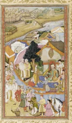 Daud saa kunniaviikun Munim Khanilta kuvitus Akbarnamasta, noin 1604