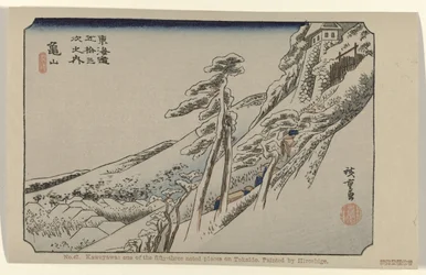 Kameyama Nro 47. Kaweyawa: yksi Tokaidon viidestäkymmenestä kolmesta merkittävästä paikasta, Hiroshigen maalaama (otsikko esineessä) De Tôkaidô van Hiroshige (sarjan nimi) Hiroshige no fude Tôkaidô (sarjan nimi esineellä)