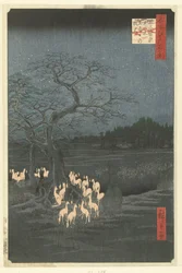 Foxfires uudenvuodenaattona Shozoku Nokkospuussa Ojissa Oji Shozoku enoki omisoka no kitsunebi (otsikko esineessä) Sata kuuluisaa kasvoja Edossa (sarjan nimi) Meisho Edo hyakkei (sarjan nimi esineessä)