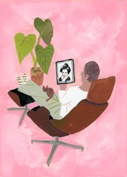 Mies katselee geisha tyttöä iPadilla, 2017