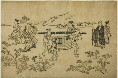 Kulkeva palankiina sarjasta "Scenes of Flower-viewing at Ueno (Ueno hanami no tei)"