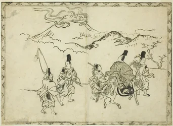 Narihiran itäinen matka, kuvakirjasta "Panorama of Paintings on Screens and Hanging Scrolls (Byobu kakemono ekagami)" (Panoraama maalauksista kuvaruuduilla ja ripustettavilla kääröillä)