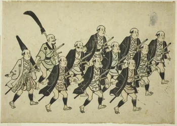Daimyon kulkue, n.1681-84 (käsin värjätty puupiirros; oban yoko-e, sumizuri-e)
