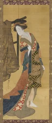 Vaatehyllyn lähellä seisova kurtisaani, Edo-kausi, 1800-luvun alku.