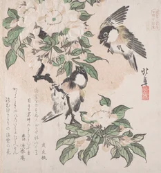 Spring Rain Collection Harusame shu, voi. 3: Marsh-tits ja Crab Apple Flowers, n. ..., n. 1820.