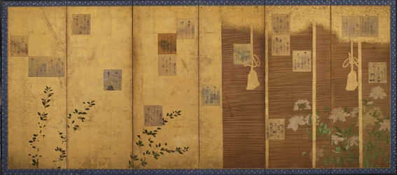 Taitettavat näytöt, joihin on asennettu runoja antologiasta, Shin kokinshu, Edo-kausi, c1624-1637.