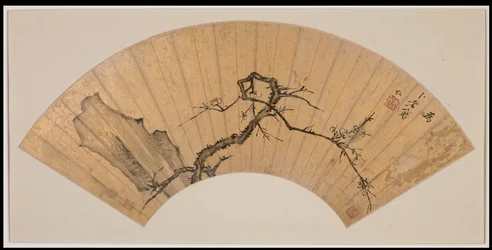 Plum Blossom and Rock (muste kullalla pestylle paperille)