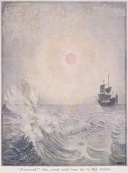 Jäähyväiset, hän itki ja nousi ylös veteen, teoksesta Pieni merenneito Hans Christian Andersenin (1805-75) satujen painoksessa 1920 (akvarelli paperille)