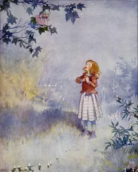 Pieni piika ei päässyt nukelle, kirjasta "Mitä kuu näki" Hans Christian Andersenin (1805-75) "Fairy Tales" -painoksessa 1920 (akvarelli paperille)