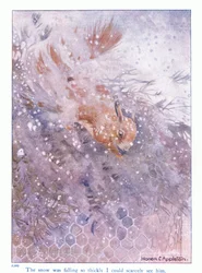 Lunta satoi niin paksusti, että tuskin pystyin näkemään häntä, kuvitus Eleanor Tyrellin teoksesta More About the Squirrels, n. 1915 (väri litho)