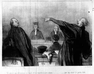 Asianajaja, joka on ilmeisesti täynnä intiimimpää vakaumusta... että hänen asiakkaansa sopii hänelle hyvin, otettu Honore Daumierin (1808-1879) "Gens de Justice" sarjakuvasarjasta oikeudenmukaisuudesta. “Charivari”