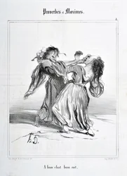 Honore Daumierin (1808-1879) taideteos. Charivari on vuodelta 1840: Sarja SANANLASKUJA JA MAKSIMISIA ”A bon cat bon rot”” KUUTATAIDEMUSEO – PALAIS LONGCHAMP, MARSEILLE