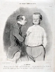 Honore Daumierin (1808-1879) taideteos. Charivari on vuodelta 1845: Serie LES BEAUX DAYS DE LA VIE. Pusero "" -Herra, tein sinusta parhaan päälläni... minun tavallani paidalla voit esitellä itsesi missä tahansa olohuoneessa ja olemme aina parhaiten pukeutu