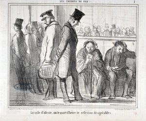 Honore Daumierin (1808-1879) taideteos. Charivari on vuodelta 1855: Serie LES Chemins de fer "" Odotushuone tai neljännestunti epämiellyttäviä heijastuksia""" MUSEE DES BEAUX ARTS - PALAIS LONGCHAMP, MARSEILLE