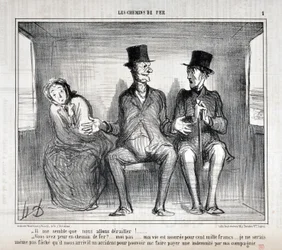 Honore Daumierin (1808-1879) taideteos. Charivari on vuodelta 1857: Serie LES RAILWAYS “” Minusta näyttää siltä, että suistumme raiteilta!... Pelkäätkö junassa?... minä en... henkeni on vakuutettu satatuhatta frangia... I en edes halua olla huolissaan