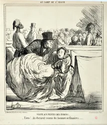 Honore Daumierin (1808-1879) taidetta Charivari on vuodelta 1859: Serie AU CAMP DE SAINT MAUR Vierailu turcojen teltoissa. "" -Tässä!... he nukkuvat kuin tavalliset miehet..." KAUPUTAIDEMUSEO - PALACE LONGCHAMP, MARSEILLE