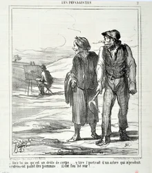 Honore Daumierin (1808-1879) taideteos. Charivari on vuodelta 1864: Serie LES LANDSAGISTS “” - Tässä, joka on hauska vartalo... piirtää muotokuvan puusta, joka ei tuota vain omenoita... hän on hulluna!...” KAUPUTAIDEMUSEO - PALACE LONGCHAMP,