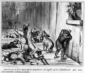 Pariisin katujen näkymä, koska omistajat ilmoittivat, että he eivät enää päästä rakennuksiinsa koiria eivätkä lapsia, otettu Honore Daumierin (1808-1879) sarjasta "Tenants et Proprietaires" (Vuokralaiset ja omistajat). "Charivari"