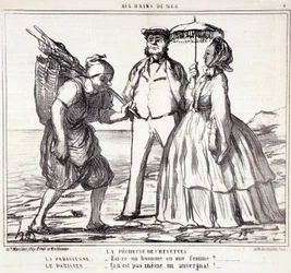 Sarjakuva pariisilaisista lomailijoista. Sarja "" Axe Bains de Mer"": "" Katkarapujen kalastus..." Kaiverrus Honore DAUMIER (1808-1879). Ote sanomalehdestä "" Le Charivari"" 5. syyskuuta