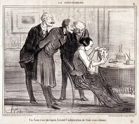 Sarjakuva taiteen keräilijöistä. Sarja "" Potichomania"": "" Väärennetty maljakko Japanista, joka ihailee kolmea kiinalaista." Kaiverrus Honore DAUMIER (1808-1879). Ote sanomalehdestä "" Le Charivari""