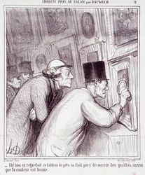 Sarjakuva taiteen ystävistä. Sarja "" Sketch otti Salonissa, Daumier": "" Eh! Kun katsomme tätä maalausta, huomaamme laadun, näemme, että väri on hyvä." Kaiverrus Honore DAUMIER (1808-1879). Ote sanomalehdestä "" Le Chari