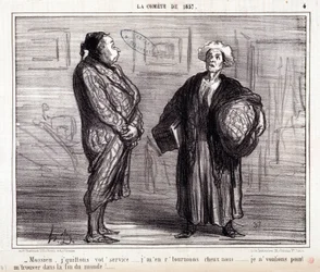 Sarjakuva tieteestä. Sarja "" Komeetalla 1857"": "" Mossieu, jätän palveluksesi..."" Kaiverrus Honore DAUMIER (1808-1879). Ote sanomalehdestä "" Le Charivari"" 13. maaliskuuta