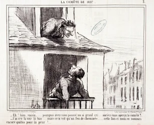 Sarjakuva tieteestä. Serie Sur "" vuoden 1857 komeetta"": "" No naapuri... miksi huusit niin paljon..." Kaiverrus Honore DAUMIER (1808-1879). Ote sanomalehdestä "" Le Charivari"" 11. maaliskuuta